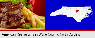 an American restaurant entree (back ribs and french fries); Wake County highlighted in red on a map