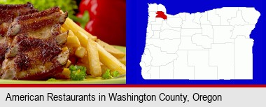 an American restaurant entree (back ribs and french fries); Washington County highlighted in red on a map