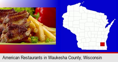 an American restaurant entree (back ribs and french fries); Waukesha County highlighted in red on a map